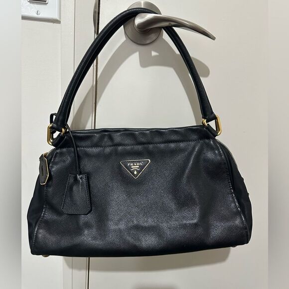 Black Saffiano Leather & Tessuto Vernice Bauletto Frame Bag - Prada - Picture 1 of 10